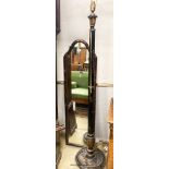 A 1930's lacquered lamp standard and a chinoserie lacquer robing mirror, W.38cm H.138cm