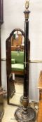 A 1930's lacquered lamp standard and a chinoserie lacquer robing mirror, W.38cm H.138cm