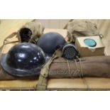 Two WWII air wardens helmets, and other WWII ephemera