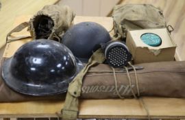 Two WWII air wardens helmets, and other WWII ephemera