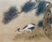 A Chinese watercolour on silk depicting a crane beneath a pin tree, 26 x 36cm with silk border,
