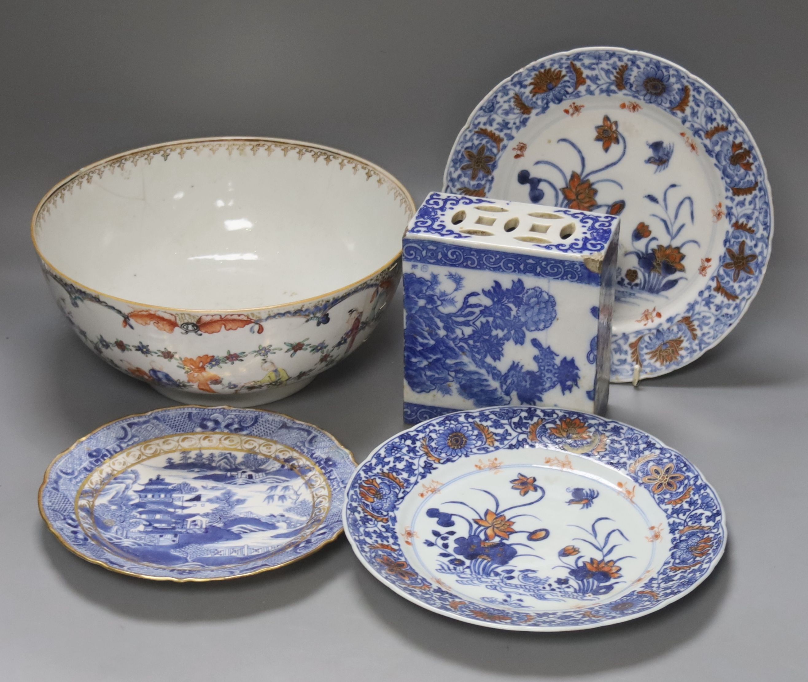 A Chinese blue and white pillow, an 18th century Chinese export bowl, diameter 26cm, and three