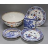 A Chinese blue and white pillow, an 18th century Chinese export bowl, diameter 26cm, and three