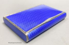 A 1920's continental silver and blue guilloche enamel rectangular box with hinged cover, import