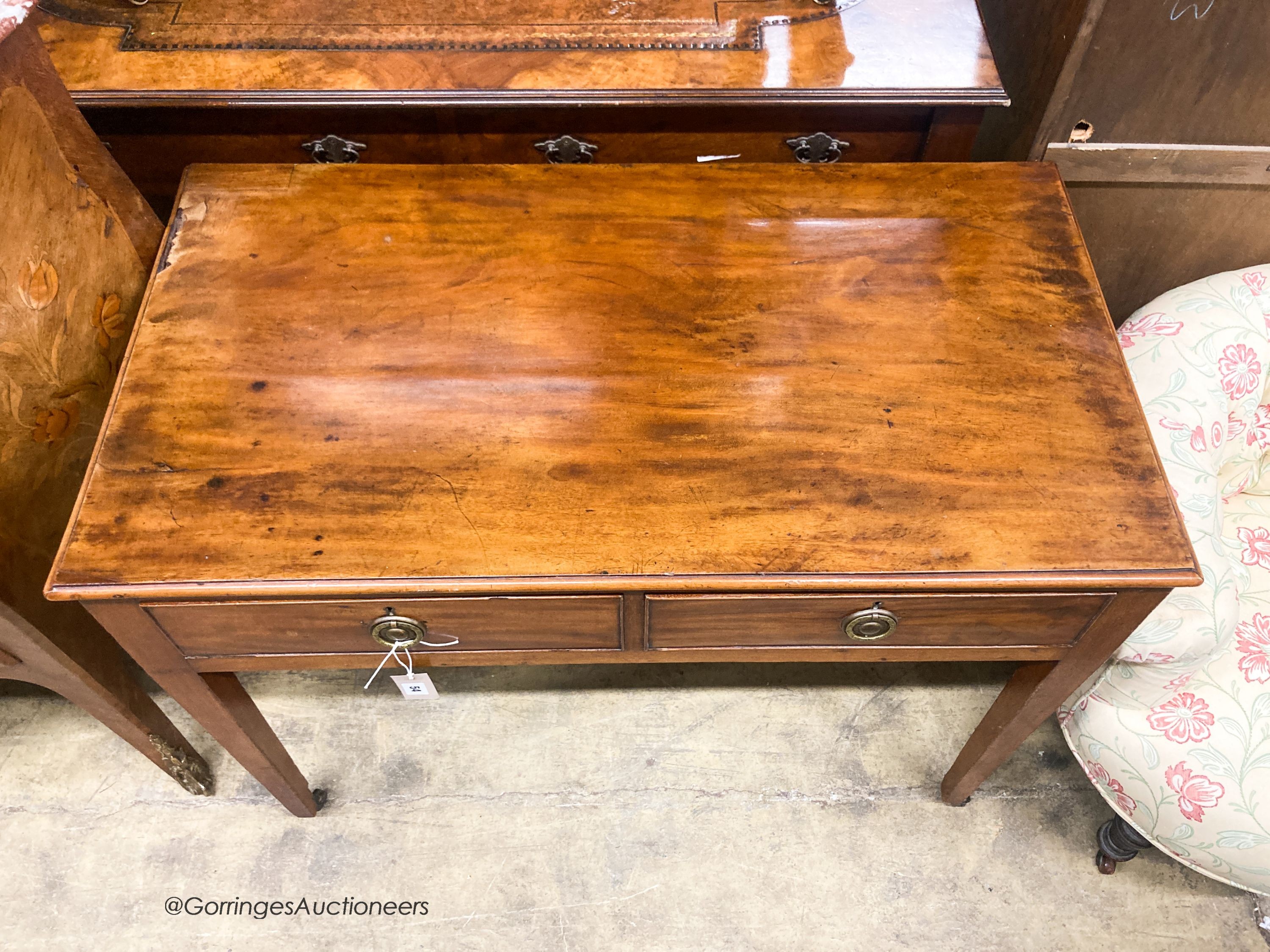 A George III mahogany two drawer side table, W.96cm D.53cm H.71cm - Image 2 of 4