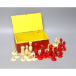 A 19th century red stained and natural ivory chess set, Kings 8.2 cm