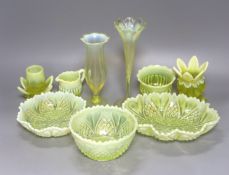 A group of assorted vaseline glass items, tallest 20cm