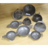 Nine items of 18th and 19th century pewter, including three quaich, a blood letting type bowl and