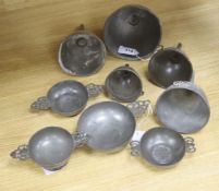 Nine items of 18th and 19th century pewter, including three quaich, a blood letting type bowl and