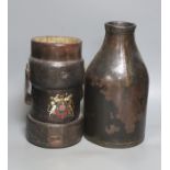 An 18th century leather bottle or blackjack and a WWII leather shell carrier