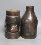 An 18th century leather bottle or blackjack and a WWII leather shell carrier