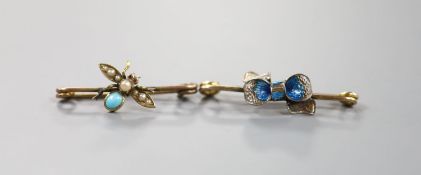 An Edwardian yellow metal and gem set bug brooch, 32mm and one other enamelled bar brooch, gross