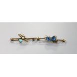 An Edwardian yellow metal and gem set bug brooch, 32mm and one other enamelled bar brooch, gross