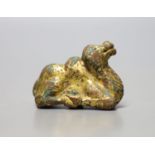 A Chinese gilt bronze figure of a kneeling camel, Han or later