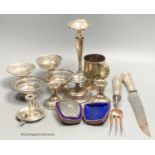 A group of assorted small silver etc. including two pairs of nit dishes, christening mug, spill