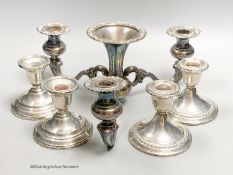 An American sterling three-branch candelabrum, 9.5oz and two pairs of similar dwarf candlesticks,