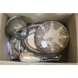 A pair of pierced plated low tazzas, two plated hors d'oeuvres dishes with glass inserts and a