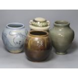 Andrew Rudebeck. A studio glass jar and cover, 22cm, and three further studio pottery jars