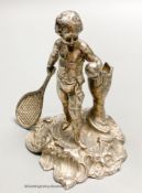 A French? white metal figural posy holder? modelled as a youth playing tennis, 9.1cm,7oz.