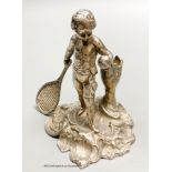 A French? white metal figural posy holder? modelled as a youth playing tennis, 9.1cm,7oz.