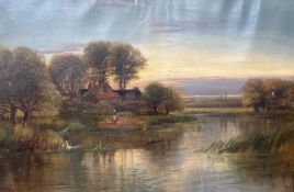 D.D, 1899. Oil on canvas, river landscape at sunset, initialled, 60 x 91cm.