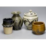Andrew Rudebeck. A pottery jar and cover, 22cm and three Studio pottery vases