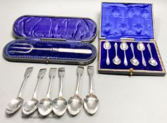A set of six George IV silver fiddle pattern teaspoons, London, 1823, a later cased set of six