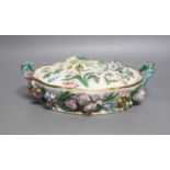 A Minton porcelain floral encrusted lidded pot pourri, mid 19th century, unmarked, 25cm wide