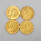 Four gold sovereigns, 1991,1900(2) and 1928.