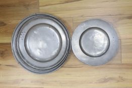Five English pewter chargers or dishes, 17th/18th centuryIncluding touchmarks for TB of London c.