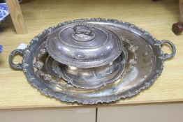 A plated two-handled large oval tray, another oval tray, an entrée dish and cover and a salver (4)