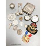 A silver cigarette case, two pocket watches, small pot etc.