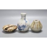 Two Japanese ceramic water droppers and a stoneware box and cover, in the style of Ogata Kenzan,