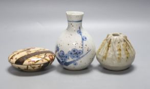 Two Japanese ceramic water droppers and a stoneware box and cover, in the style of Ogata Kenzan,