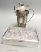 A Thai white metal rectangular cigarette box with embossed lid, 17cm and a Thai white metal