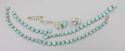 A group of assorted Victorian and later turquoise set jewellery including three yellow metal bar