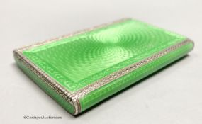 A 1920's continental silver and green guilloche enamel rectangular box and hinged cover, import