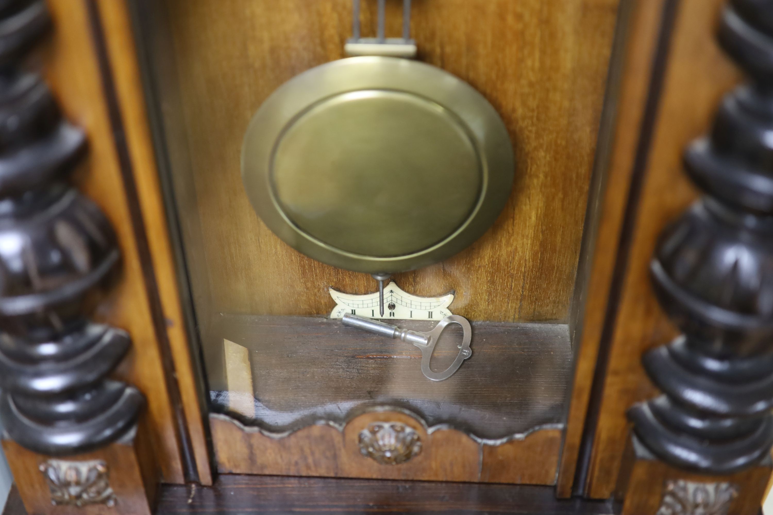 A 19th century Continental regulator in architectural walnut case, with key and gridiron pendulum, - Image 4 of 6