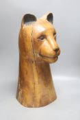 A large carved wood model, head of a leopard, 54cm