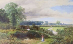 George Shalders (1826-1873), watercolour, landscape with figures picking blackberries, unsigned, 20