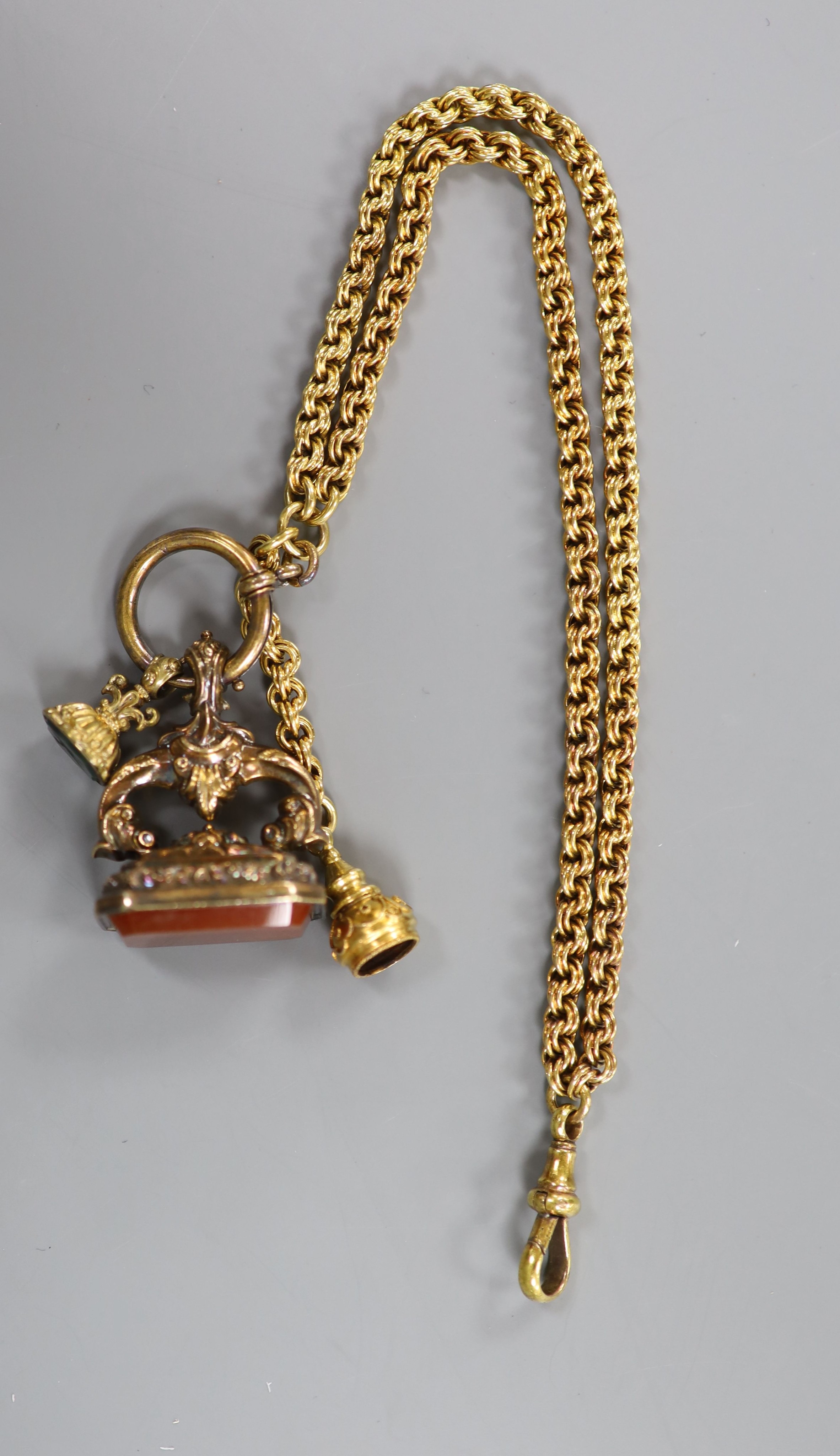 Two gilt metal and chalcedony set fob seals, (agate and bloodstone) and one other seal, all hung - Image 2 of 3