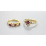 Two modern 18k, ruby and diamond dress rings, including pear shaped cluster and half hoop, sizes