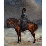Jul. Harrabach (19th C.), oil on board, cavalryman on horseback in winter, signed, 37 x 31cm.