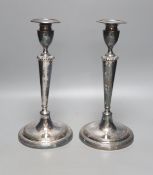 A pair of silver plated candlesticks, height 29cm