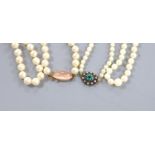 A single strand cultured pearl necklace with yellow metal and rose quartz clasp, 82cm and one other