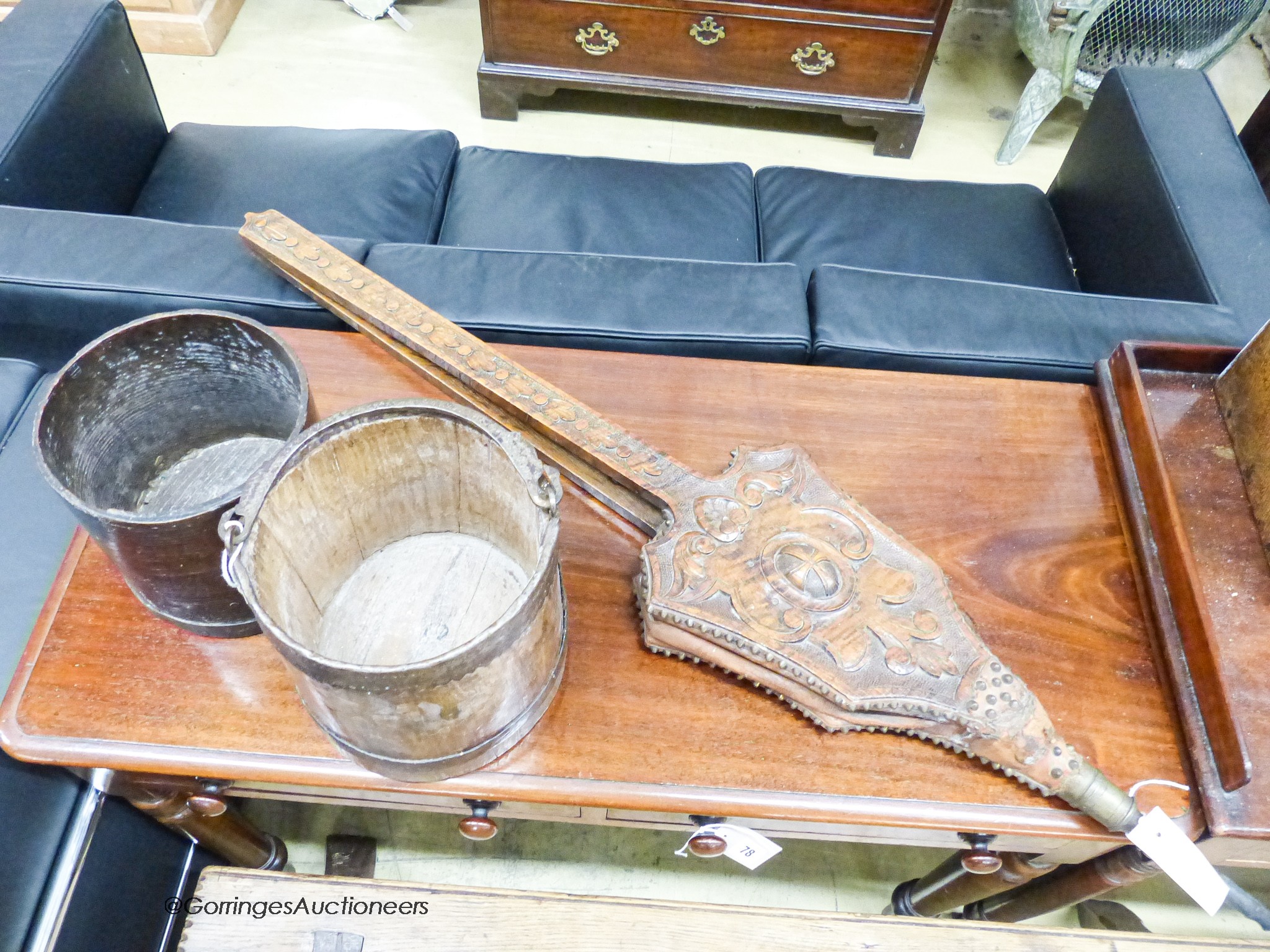 A 19th century coopered cast iron and ash bushel measure, a brass-bound ash gallon measure and a - Image 2 of 3