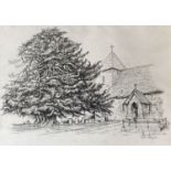 Moria Hoddell, pen and ink, East Chiltington church, signed, 41 x 58cm.