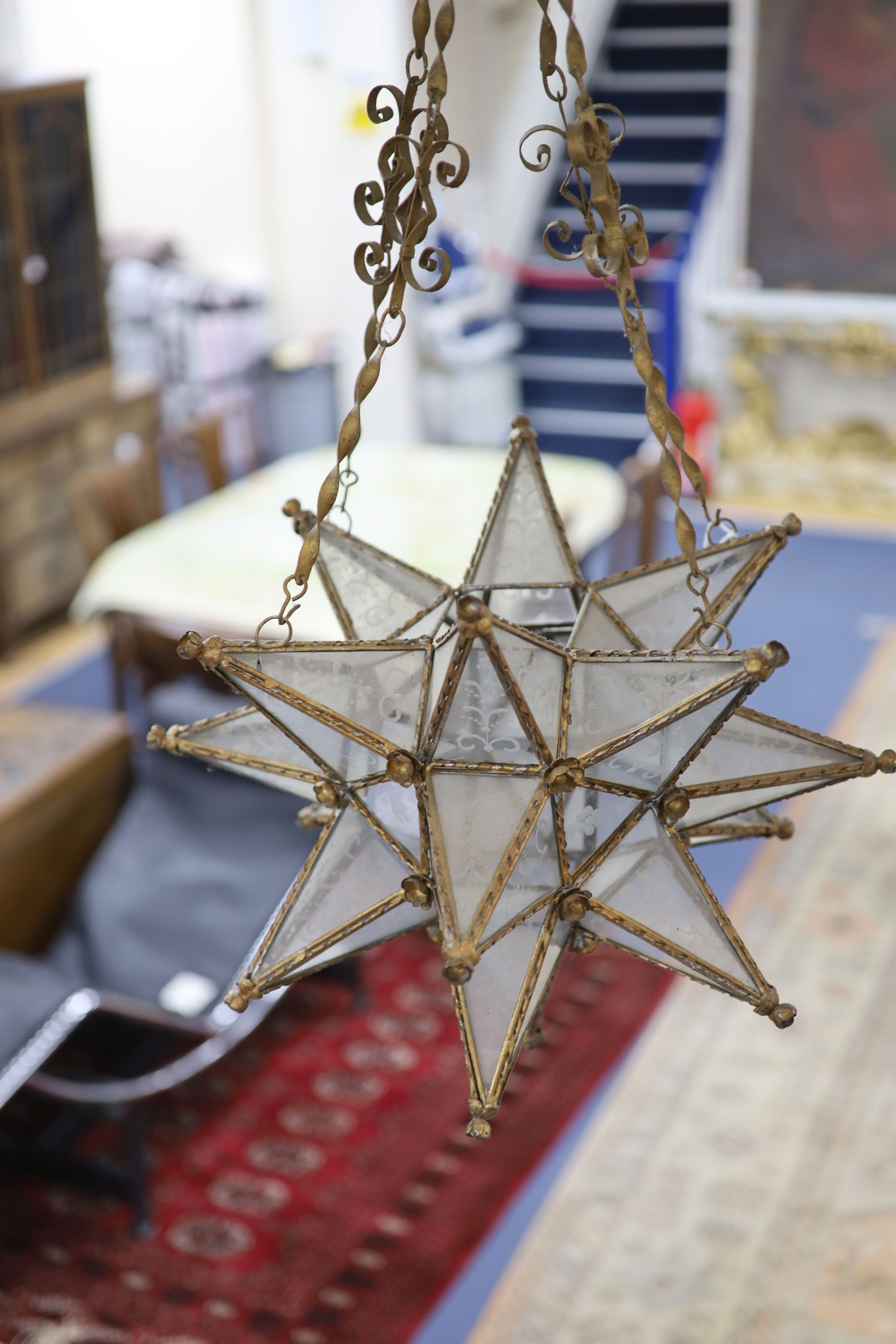 A gilt-metal star-shaped ceiling light, having etched plain glass panels and chain suspension, - Image 3 of 4