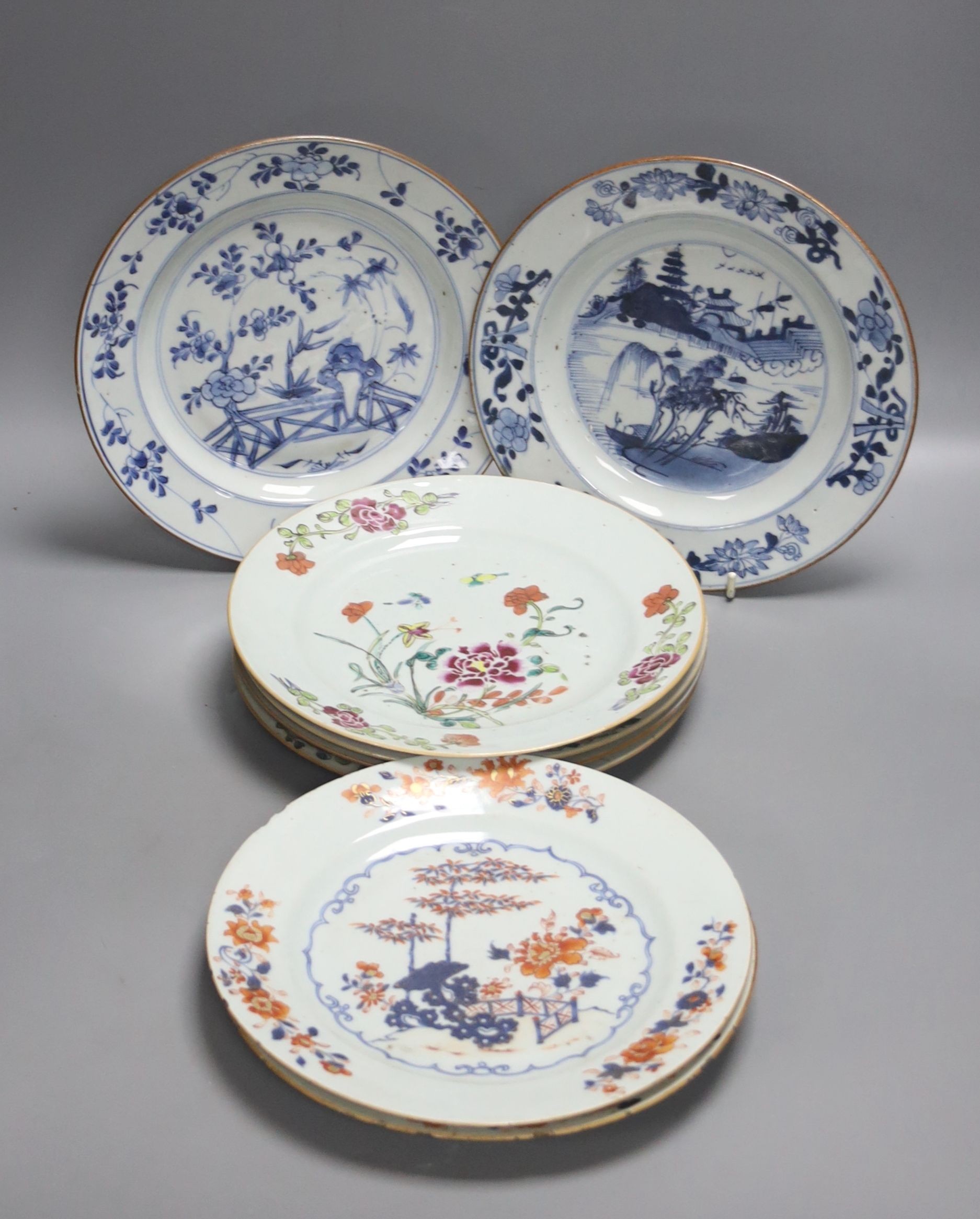 Two 18th century Chinese export blue and white plates, a pair of Chinese Imari patterned plates and