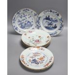 Two 18th century Chinese export blue and white plates, a pair of Chinese Imari patterned plates and